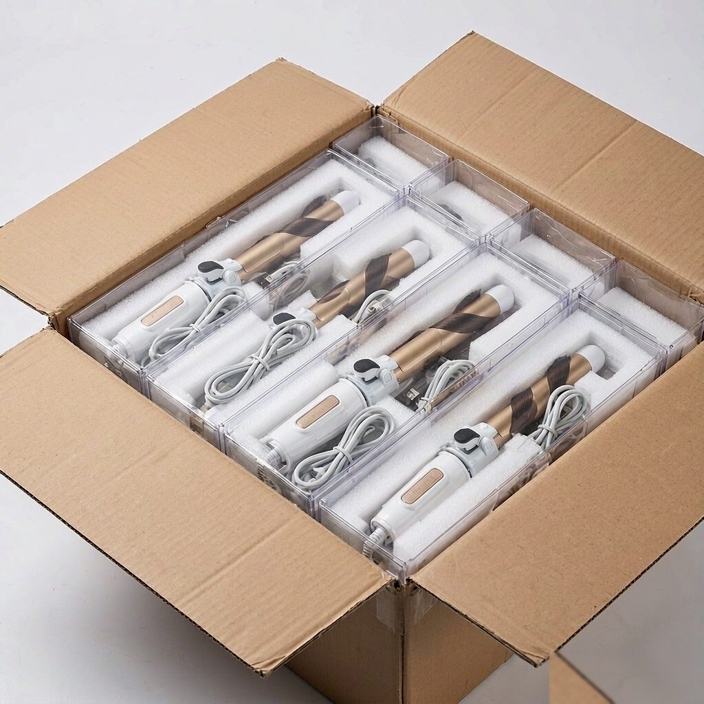 Ceramic curling irons in retail boxes inside export carton — AGJewel hair tools wholesale packaging