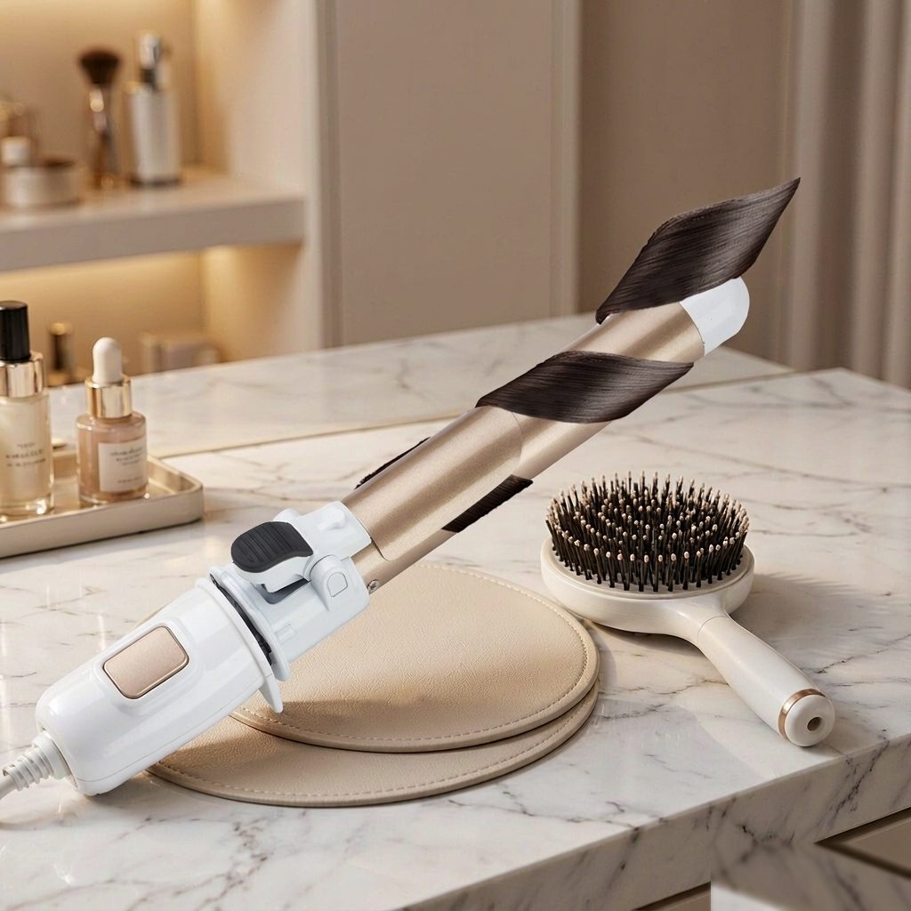 Ceramic curling iron on marble vanity with round brush — salon styling scene, AGJewel wholesale