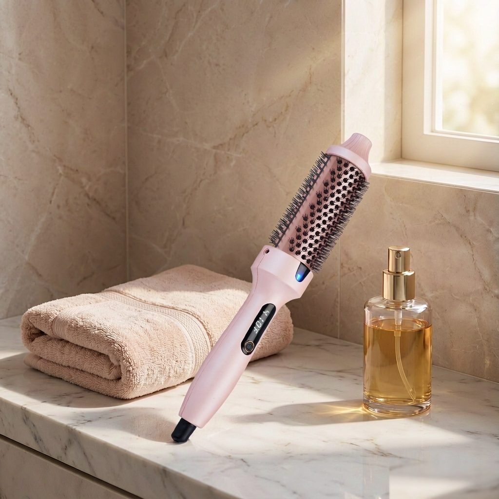 Electric hair straightener brush on bathroom counter — morning styling routine, AGJewel wholesale
