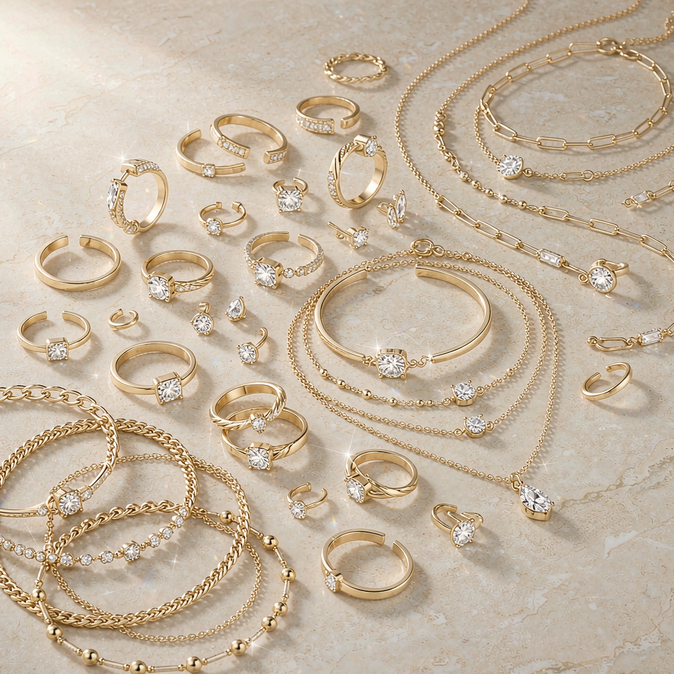 Factory Wholesale Mixed Jewellery — Gold-Plated Copper, Zircon & Moissanite