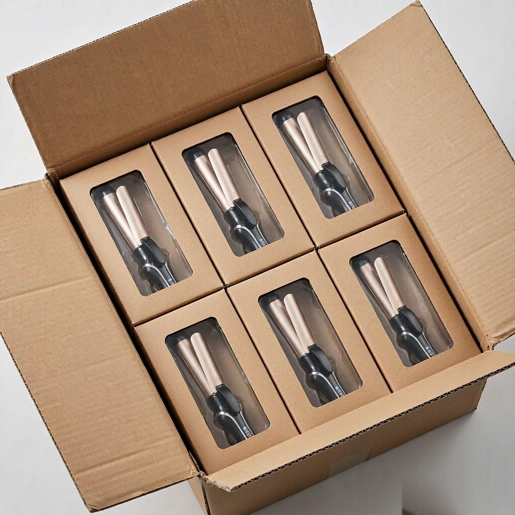 LCD 2-in-1 curlers in retail boxes inside export carton — AGJewel hair tools wholesale packaging