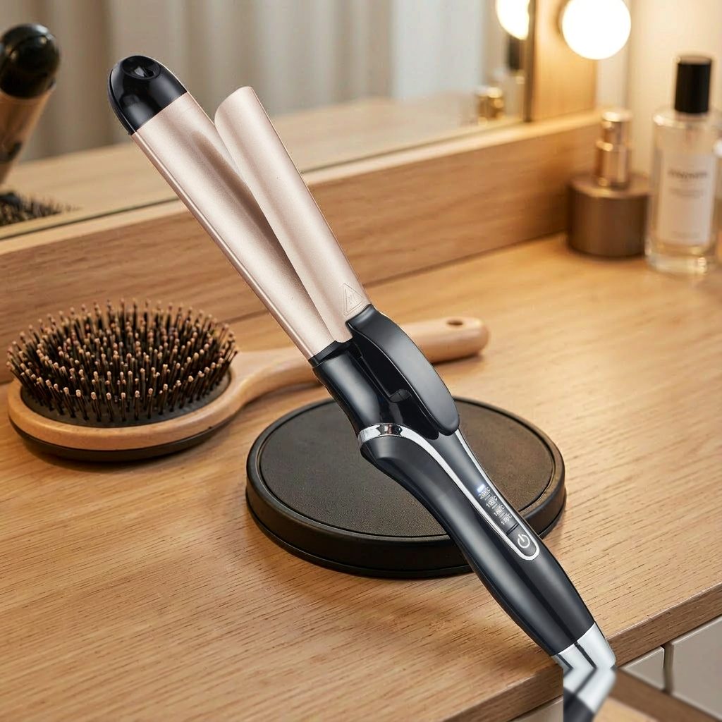 LCD 2-in-1 curler straightener on vanity with round brush — salon styling scene, AGJewel wholesale