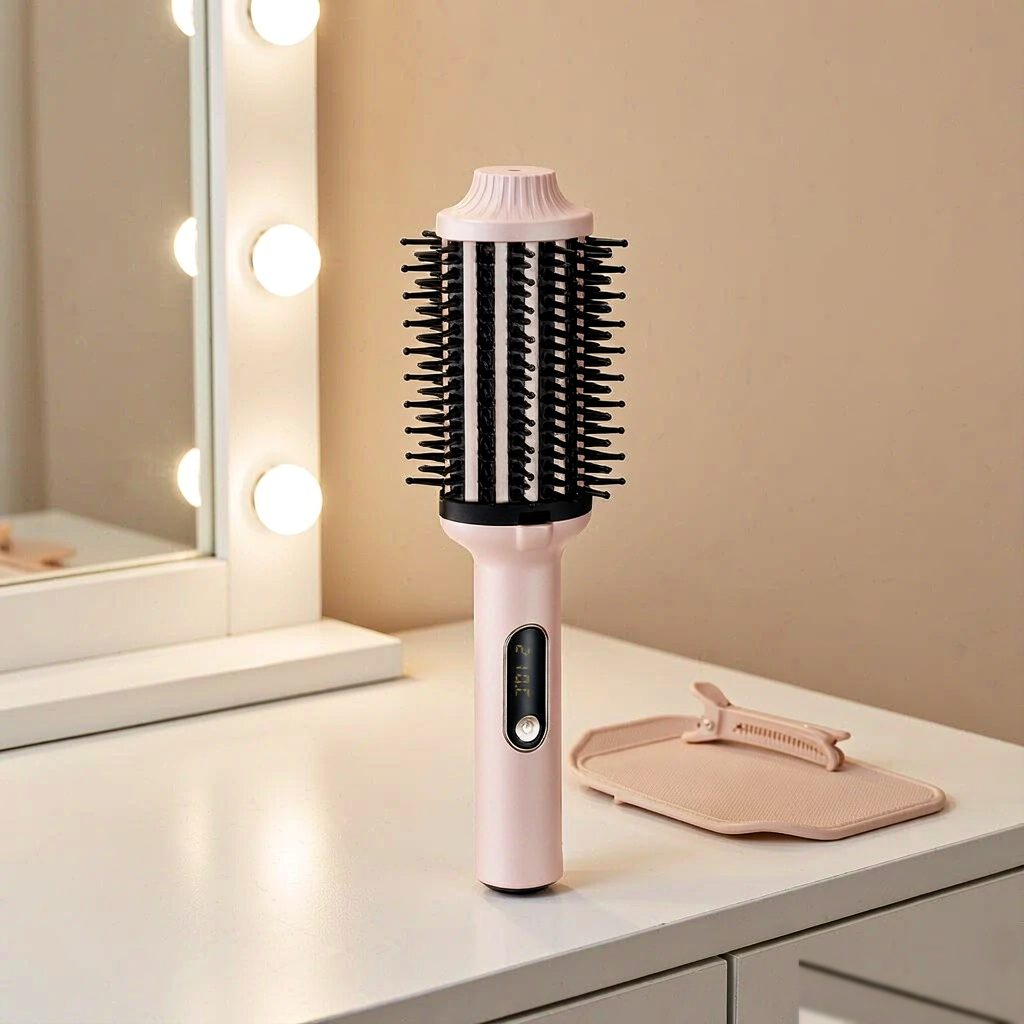 Wavy barrel styling comb on vanity with hair clip — modern salon scene, AGJewel wholesale