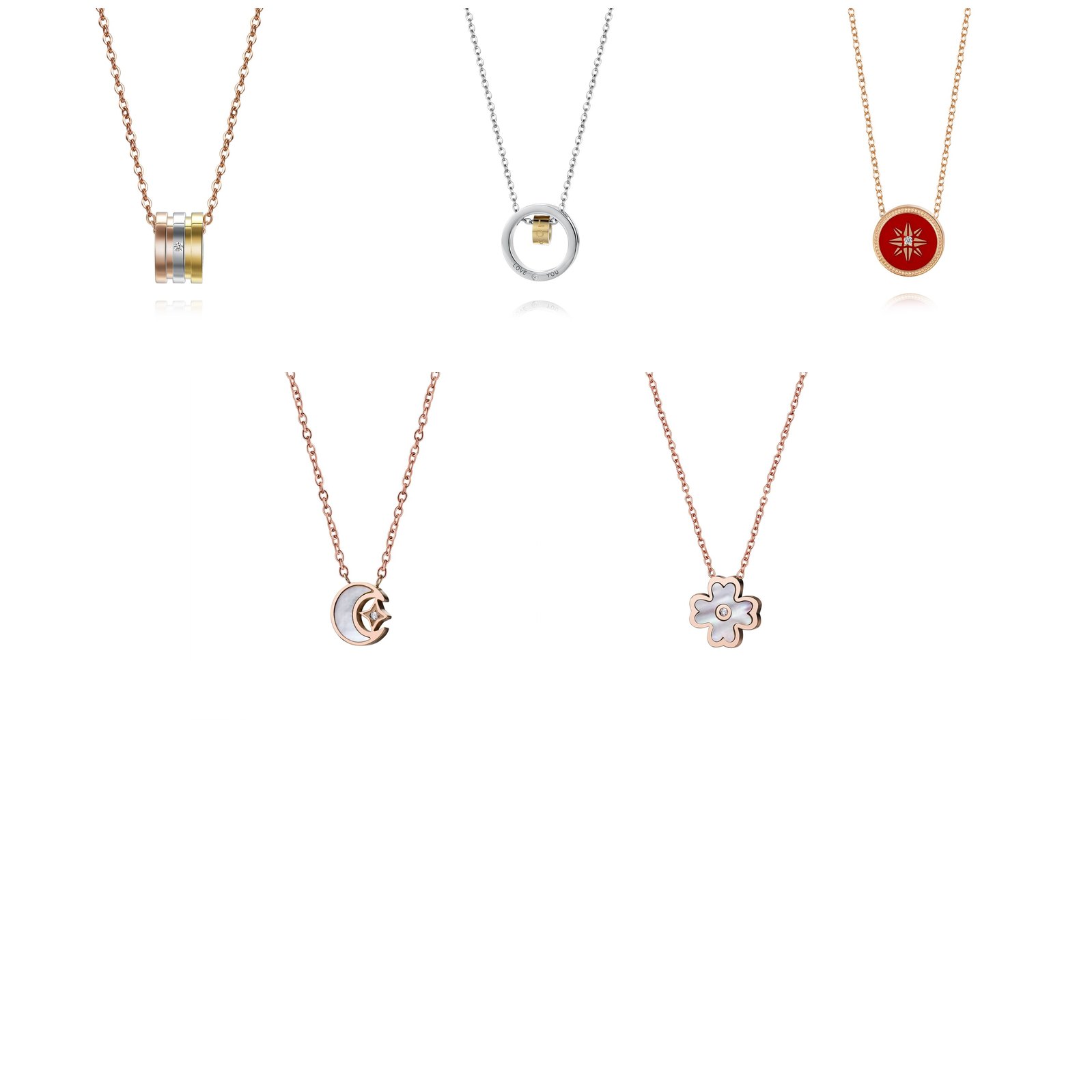 Click to enlarge Titanium Steel Diamond Necklaces — 5-Style Sample Set — AGJewel